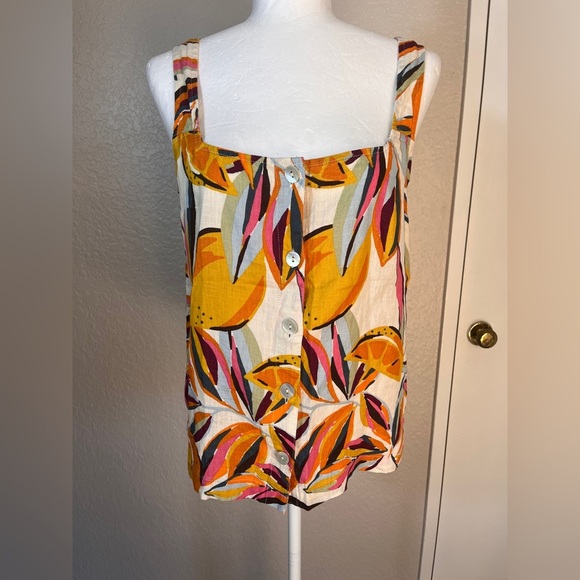 C&C California 100% Linen Tropical Top Button Front Tank Top Blouse sz Small - Picture 1 of 8